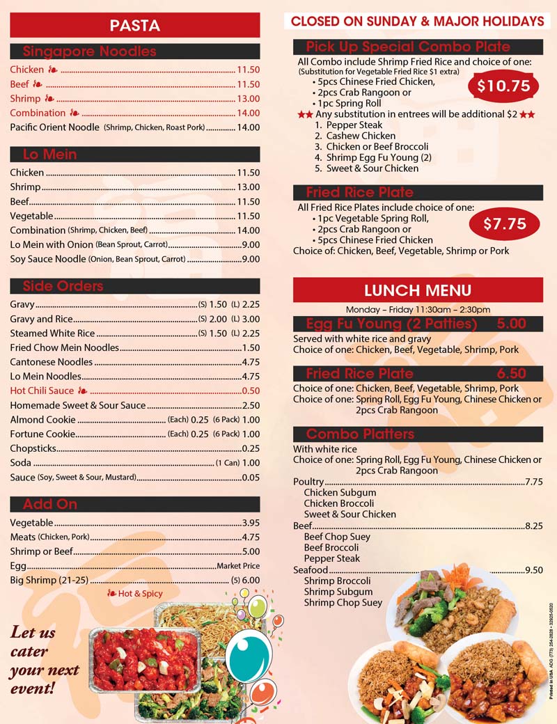Oriental clearance express menu